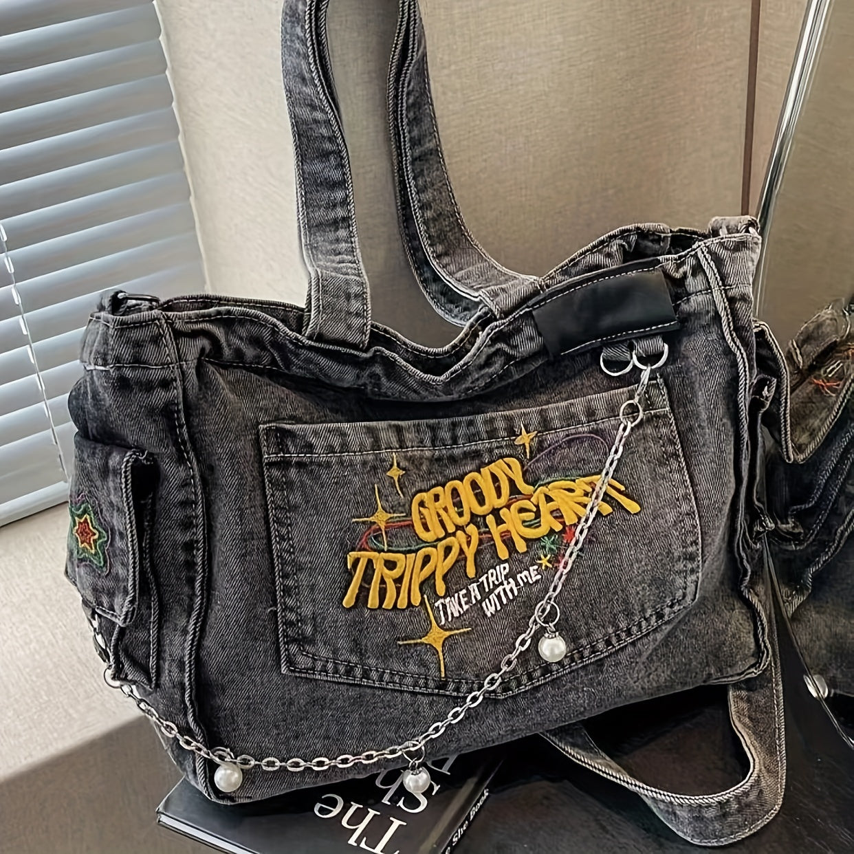 Vintage-Inspired Embroidered Lettering Denim Tote Bag with Metal Chain and Pearl Accents, Casual Street Style Crossbody Shoulder Bag with Zipper Closure for Travel, Small Crossbody Bag